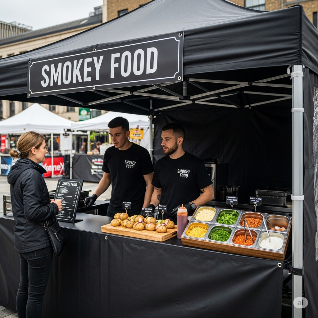 Smokey Food stall serving loaded jacket potatoes